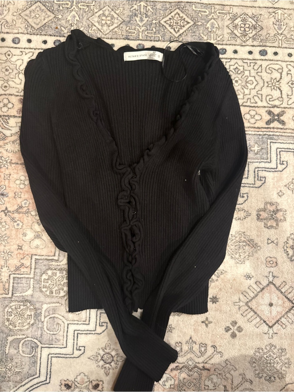 Altar'd State Black Ruffle-Trim Ribbed V-Neck Top